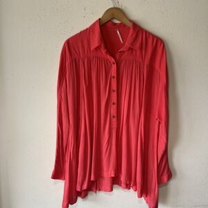 Free People Lovely Day Oversize Flowy Long sleeve Button Top Coral Boho Preppy S